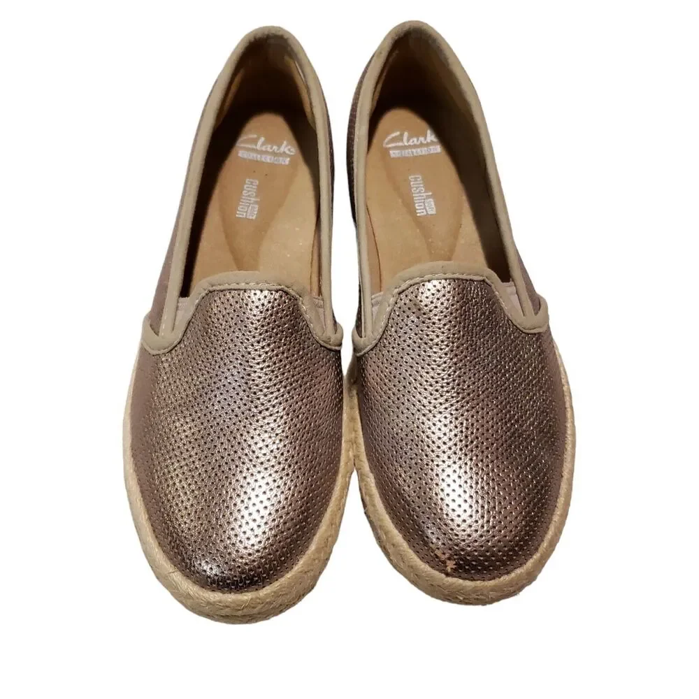 Clarks Women Azella Revere Shoe Size 5 W Loafer Slip On Espadrille Metallic Tan